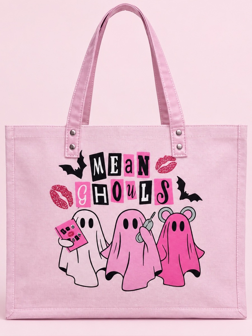 Pink 'Mean Ghouls' Graphic Canvas Tote Bag NWT 👻💕